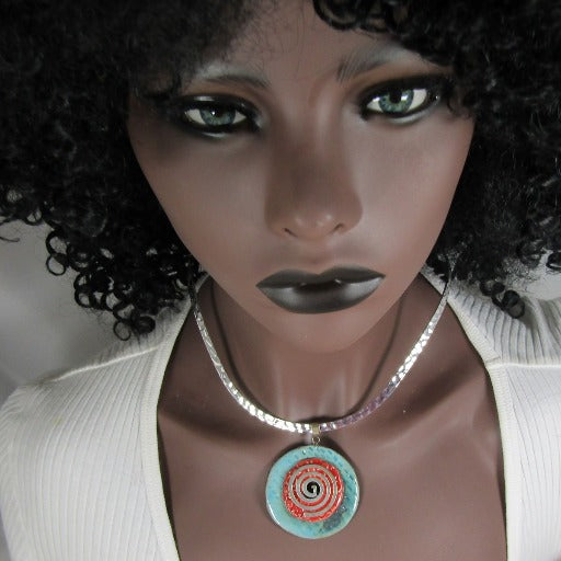 Choker Handmade Aqua & Coral Raku Pendant Spiral Bail Silver Neck Wire - VP's Jewelry