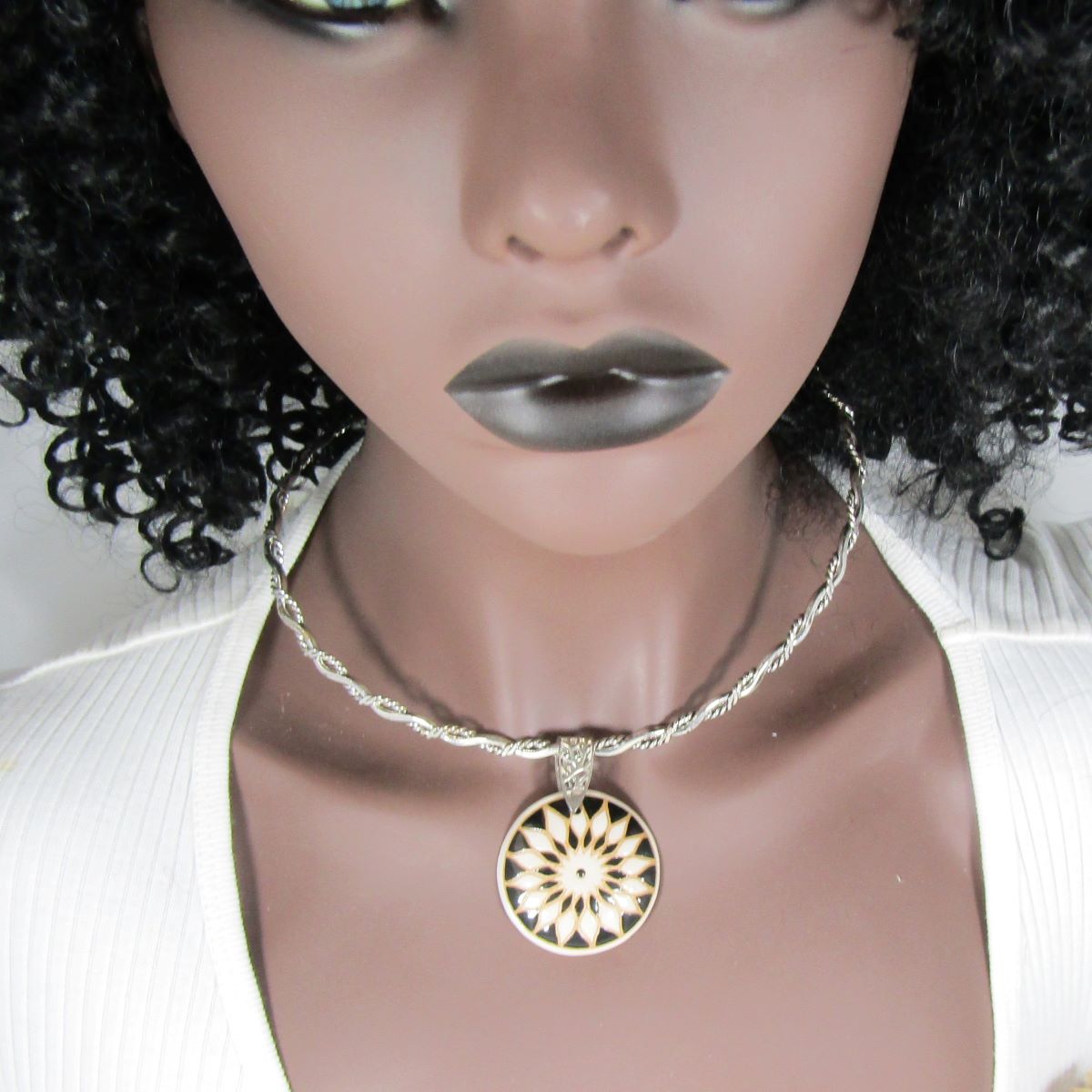 Handmade Black & Cream Large Floral Pendant Twisted Silver Neck Wire - VP's Jewelry