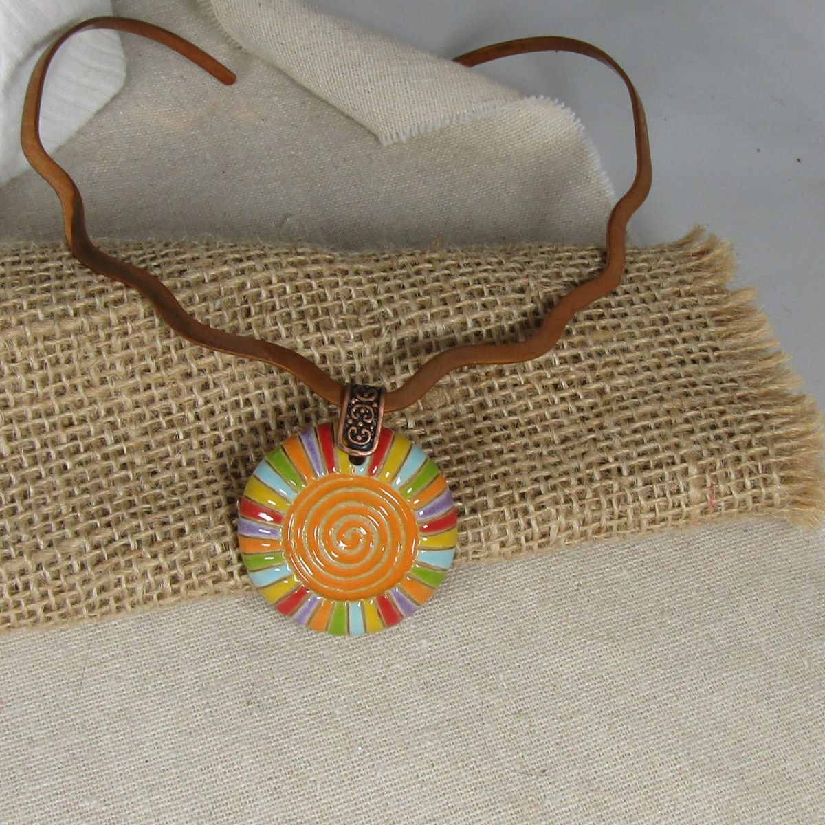 Multi-colored Large Pendant on Copper Neck Wire Handmade - VP's Jewelry
