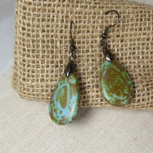 Turquoise Glass Picasso Teardrop Earrings - VP's Jewelry