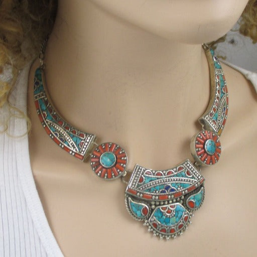 Handcrafted Boho Tibetan Turquoise Inlay Pendant Necklace - VP's Jewelry