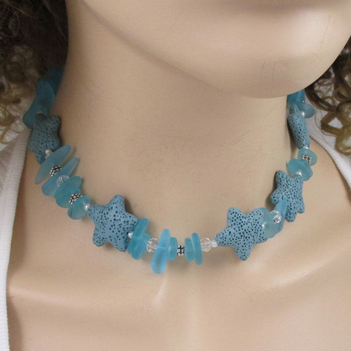 Turquoise Bay Sea Glass & Lava Starfish Necklace & Earrings