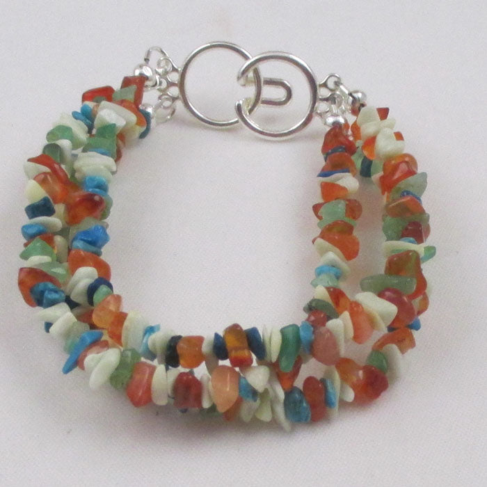 Three Strand Multi Gemstone Chip Bracelet