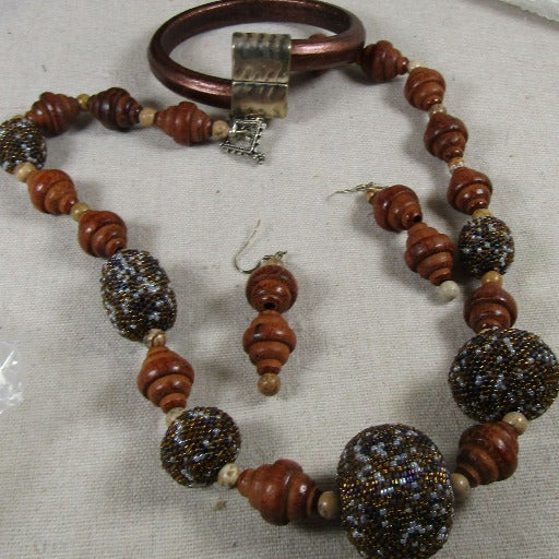 Wood and Beaded Bead Necklace Earrings and Leather Bracelet - VP's Jewelry  