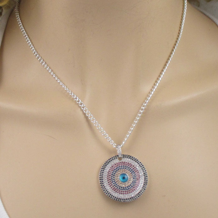Circle Multi-stone Pendant of Silver Chain Necklace - VP's Jewelry 
