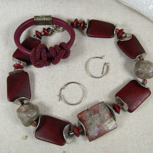 Handmade Raku, Wood and Licorice Leather Set in Maroon - VP's Jewelry