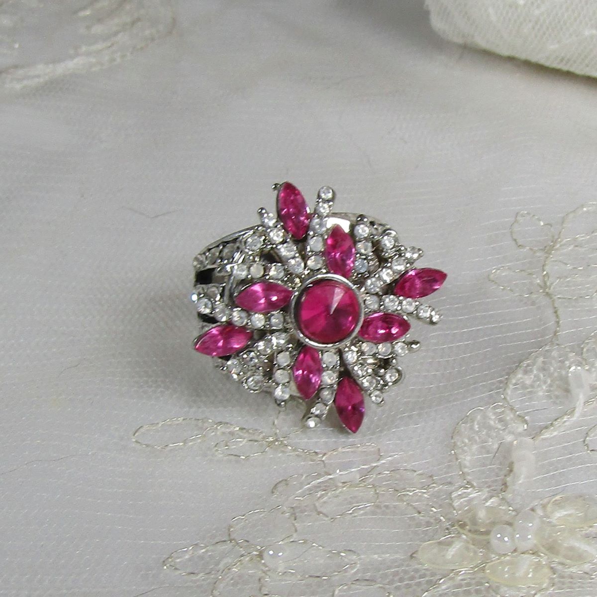 Pink Crystal & Antique Silver  Flower Fashion Ring Size 8