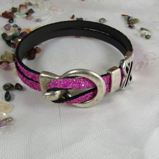 Sparkly Pink Awareness Leather Bracelet - VP's Jewelry