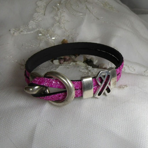 Sparkly Pink Awareness Leather Bracelet - VP's Jewelry
