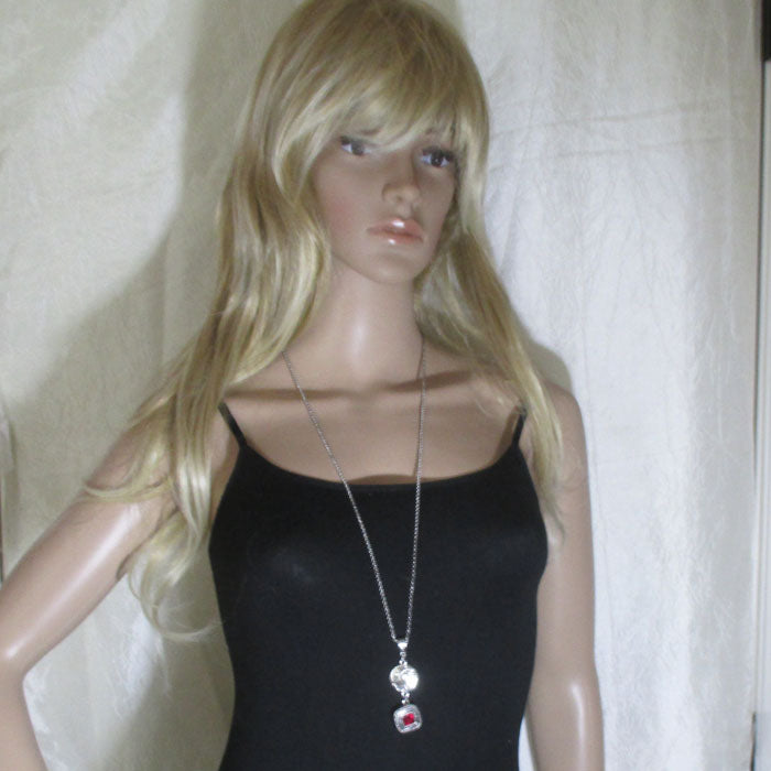 Long Sweater Pendant Necklace Red Charm Silver Long Chain - VP's Jewelry