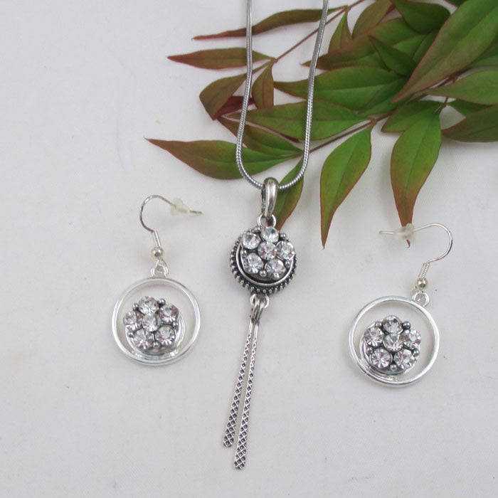 Crystal Rhinestone & Silver Pendant Necklace & Earrings