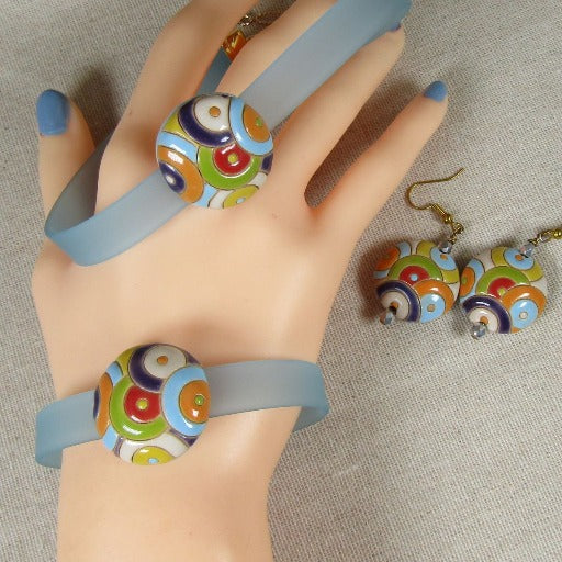 Light Blue Ribbon Choker, Bracelet & Earrings Circle Design - VP's Jewelry