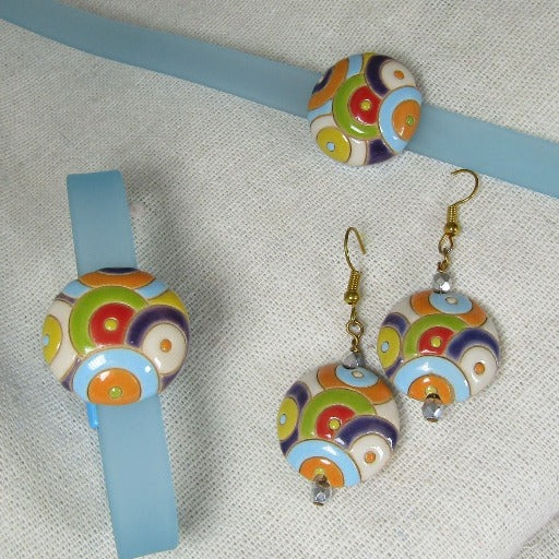 Light Blue Ribbon Choker, Bracelet & Earrings Circle Design - VP's Jewelry