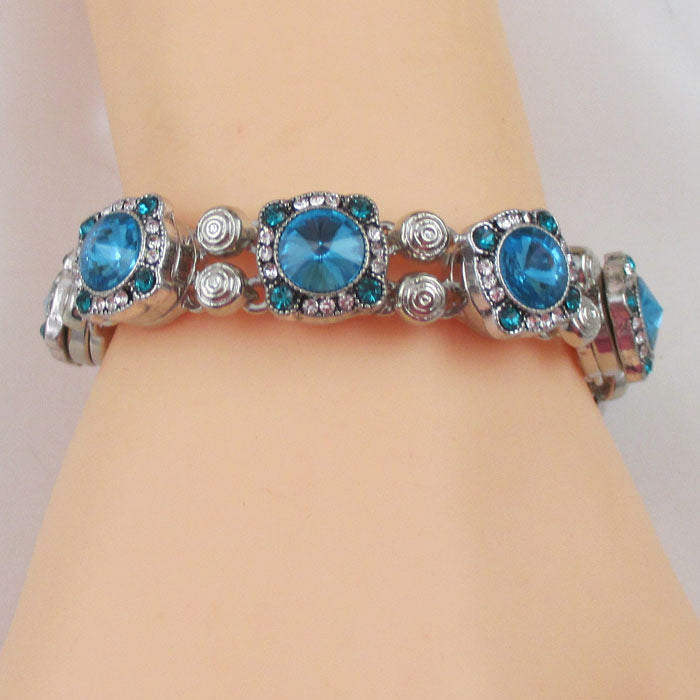 Aqua Rhinestone Silver Bangle Bracelet - VP's Jewelry