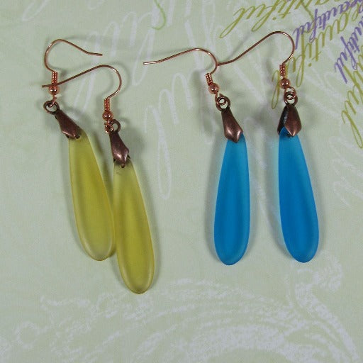 Recycled Sea Glass Earrings Blue or Gold - VP's Jewelry