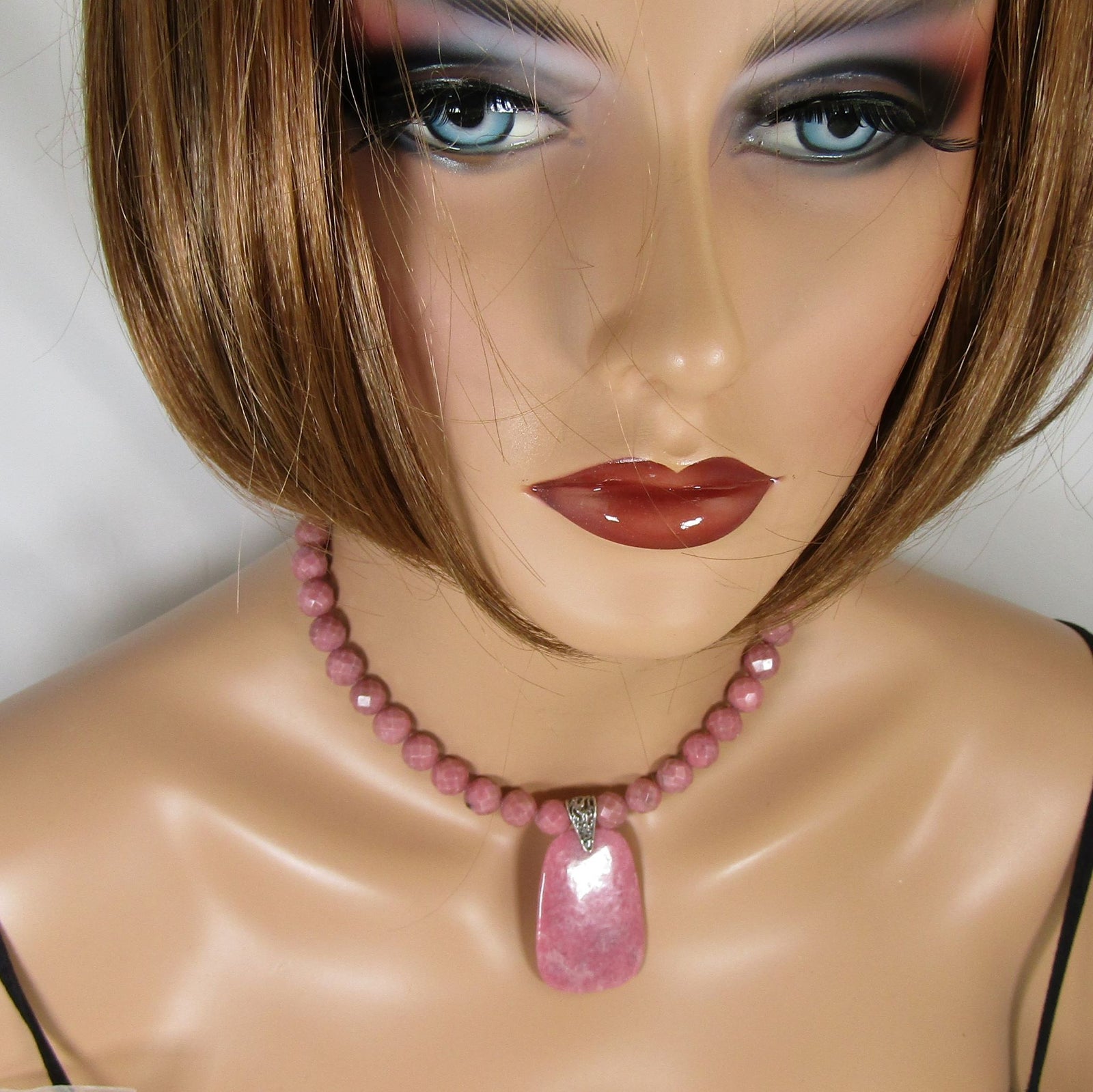 Rhodonite Pink Beaded Necklace and Earrings - VP's Jewelry