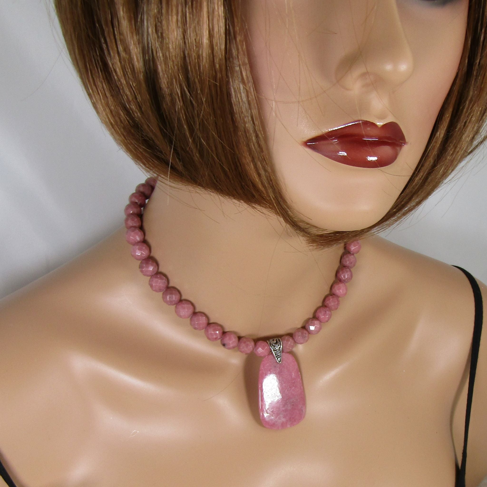 Rhodonite Pink Beaded Necklace and Earrings - VP's Jewelry