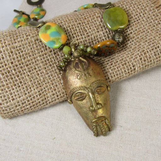 Kazuri Bead and Large Brass Pendant Necklace - VP's Jewelry