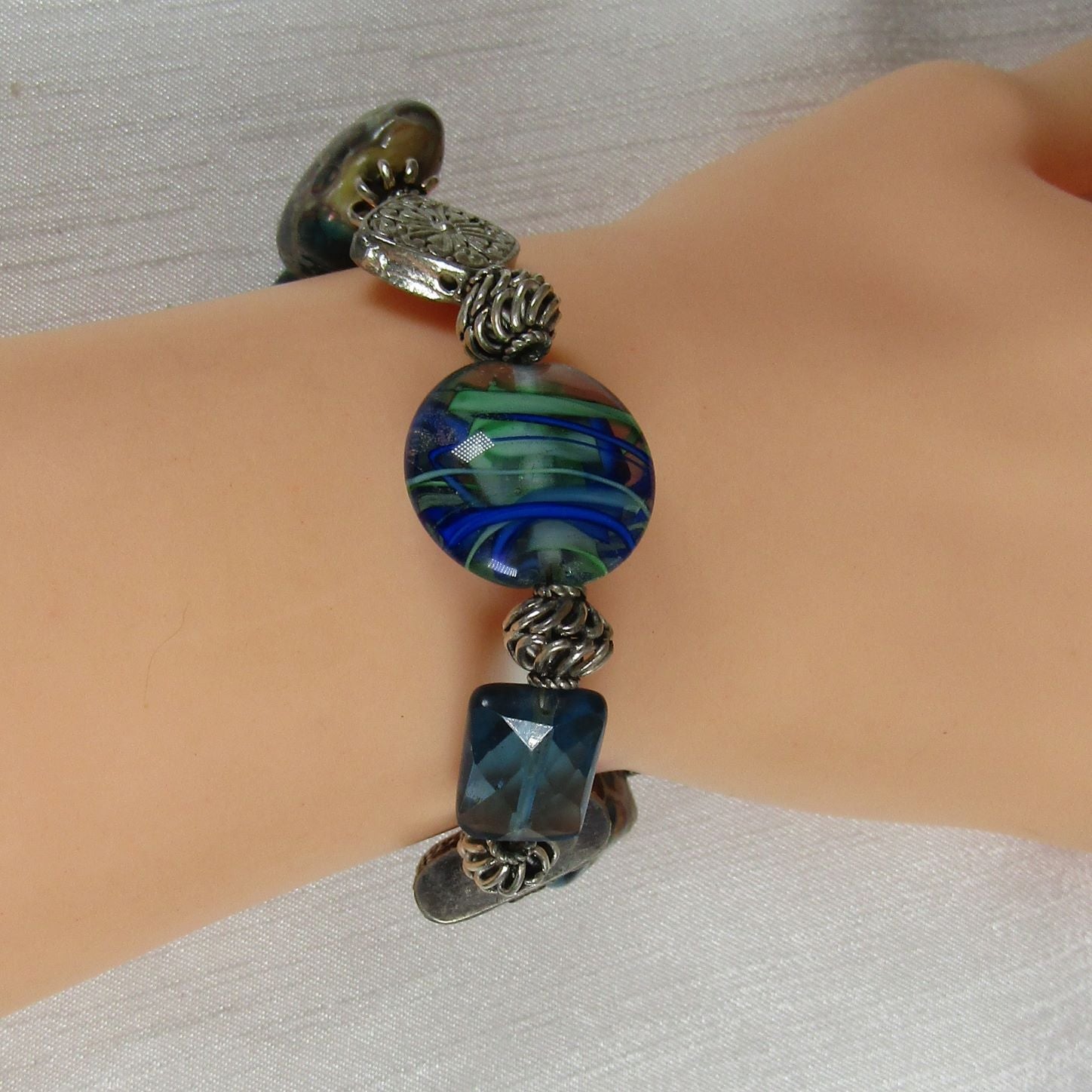 Whimsical Blue and Silver Lampwork Bracelet - VP's Jewelry  