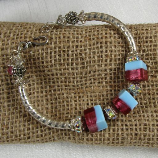 Designer Ruby Aqua Cube & Silver Bangle Bracelet - VP's Jewelry