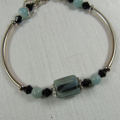 Aqua and Black Lampwork Cube Bangle Bracelet - VP's Jewelry 