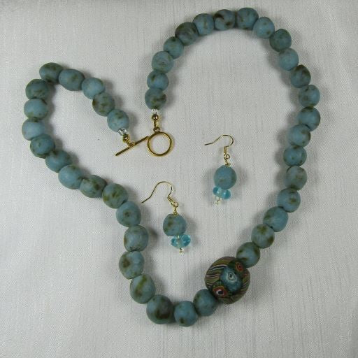 Bold Turquoise Glass & Mosaic Beaded Necklace & Earrings - VP's Jewelry  