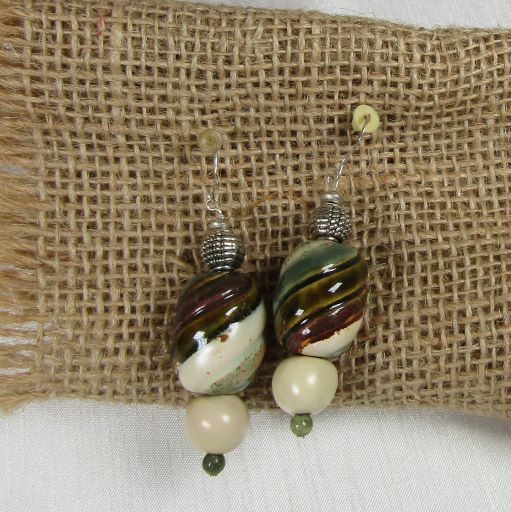 Olive Green, Brown & Cream Kazuri Earrings - VP's Jewelry  