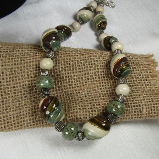 Olive Green, Brown & Cream Kazuri Bead Necklace Fair Trade Jewelry - VP's Jewelry  