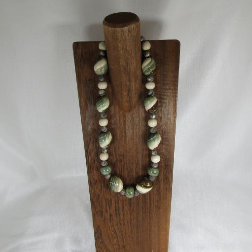 Olive Green, Brown & Cream Kazuri Bead Necklace Fair Trade Jewelry - VP's Jewelry  