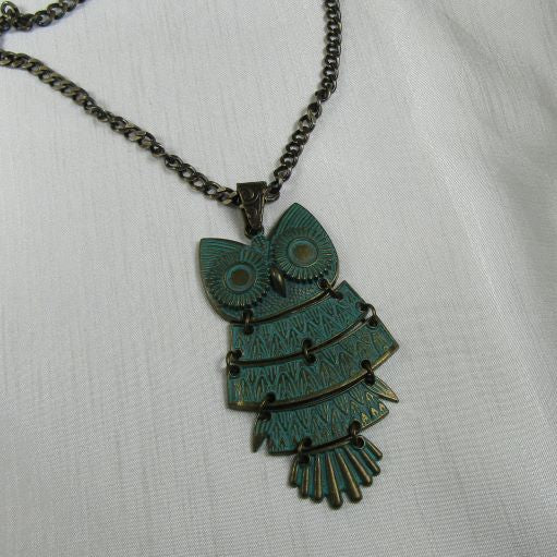 Patina Hoot Owl Pendant on Antique Gold Chain Necklace - VP's Jewelry