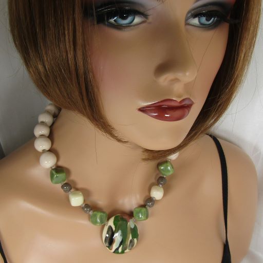 Cream, Light Brown & Green Pendant Necklace Kazuri Fair Trade Bead