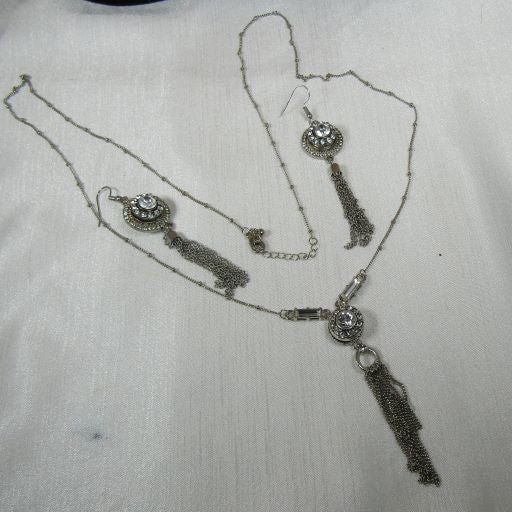 Extra Long rystal Rhinestone & Silver Pendant Necklace & Earrings - VP's Jewelry  
