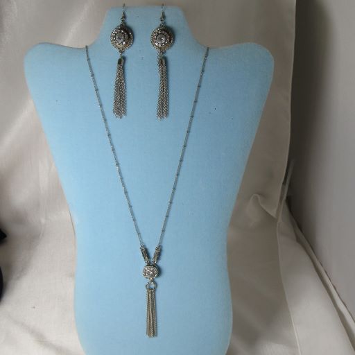 Extra Long rystal Rhinestone & Silver Pendant Necklace & Earrings - VP's Jewelry  