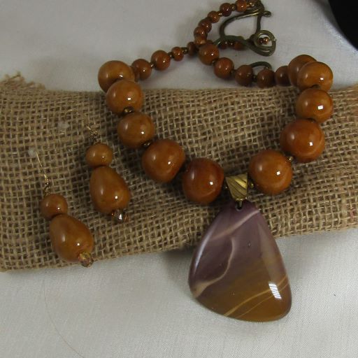Gemstone Bead Necklace with Jasper Pendant & Earrings - VP's Jewelry  