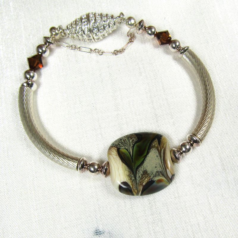 Beige and Brown Artisan Bead Silver Bangle Bracelet