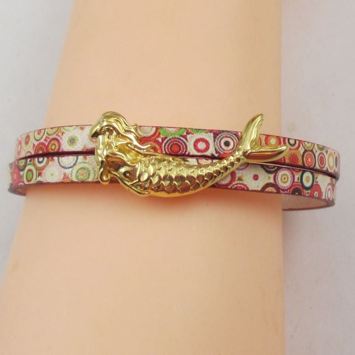 Gold Mermaid Red Circle Leather Bracelet - VP's Jewelry 