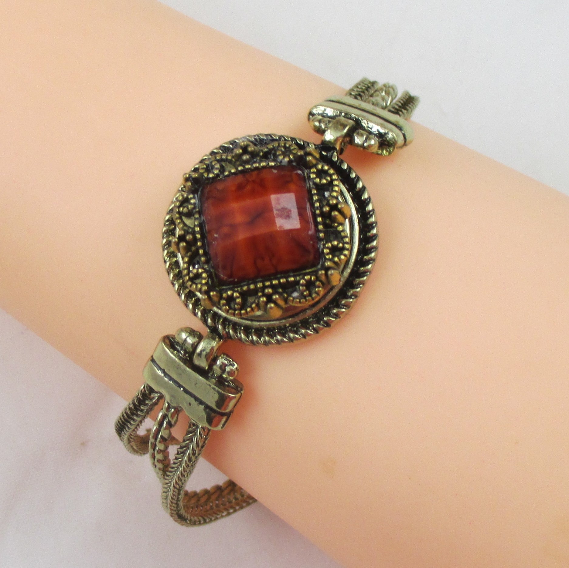 Dark Orange Crystal on a Antique Gold Bangle Bracelet - VP's Jewelry