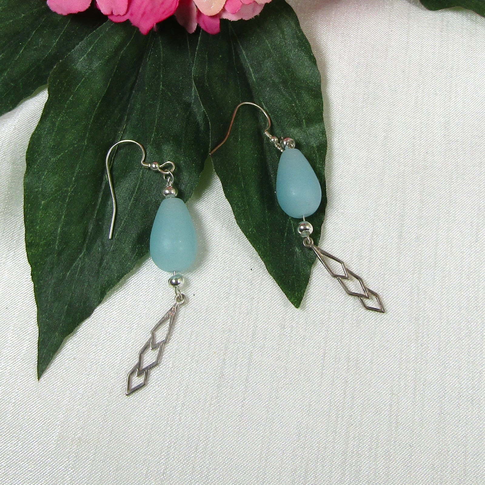 Aqua Sea Glass Dangling Drop Earrings