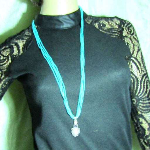 Lapis, Amethyst & Pearl Pendant On Aqua Seed bead Necklace