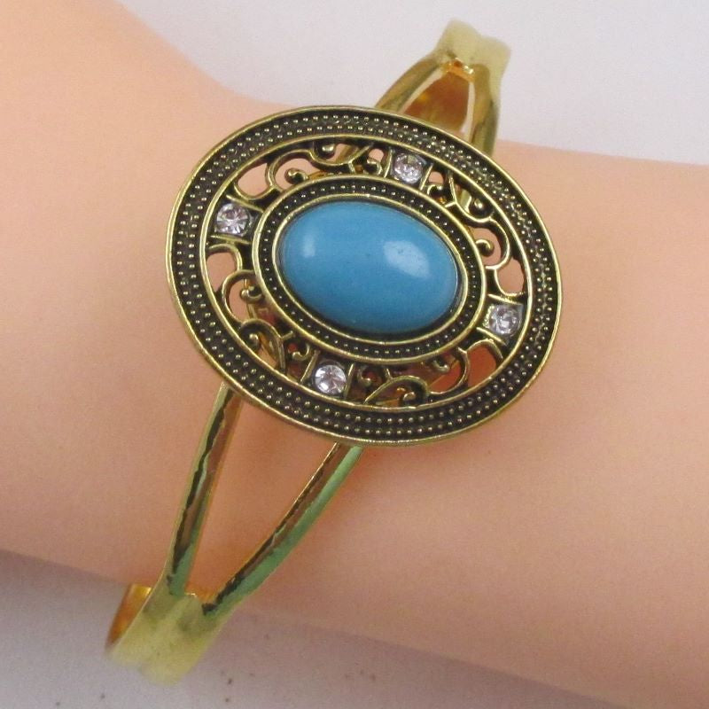 Gold Bangle Bracelet with Turquoise & Antique Gold - VP's Jewelry