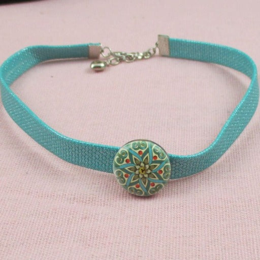 Aqua Ribbon Choker Necklace Floral Bead Accent - VP's Jewelry