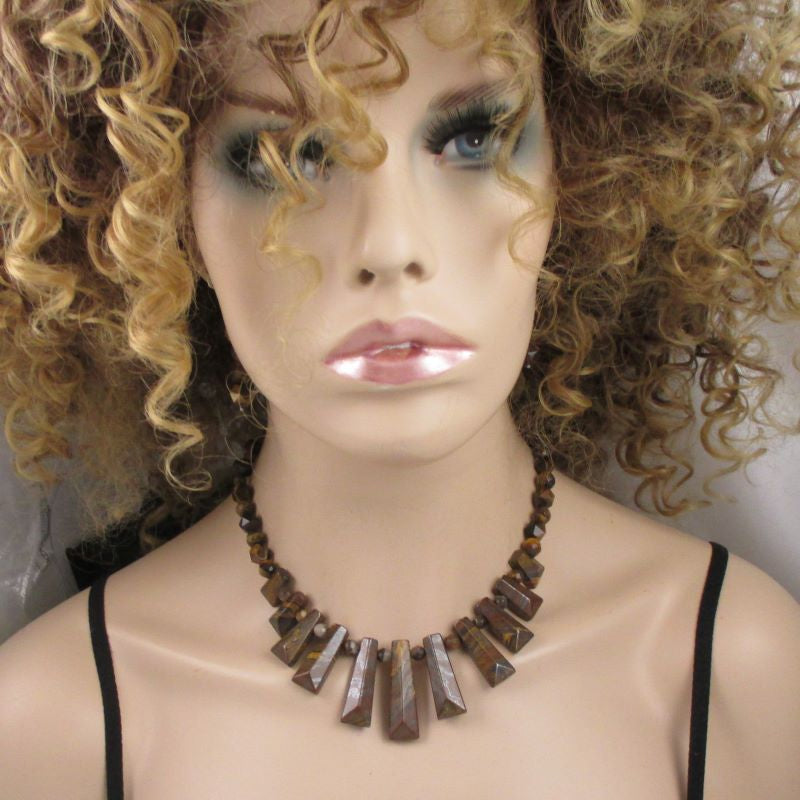 Designer Tiger Eye Gemstone Rich Brown Bib Necklace & Earrings - VP's Jewelry