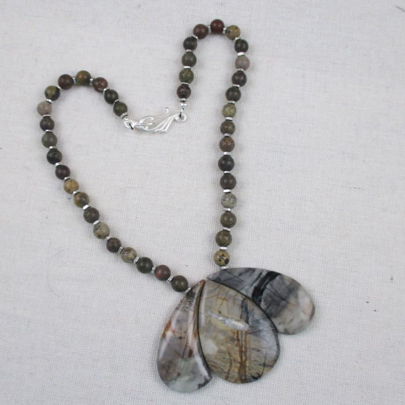 Designer Jasper Gemstone Grey Brown Bib Necklace - VP's Jewelry