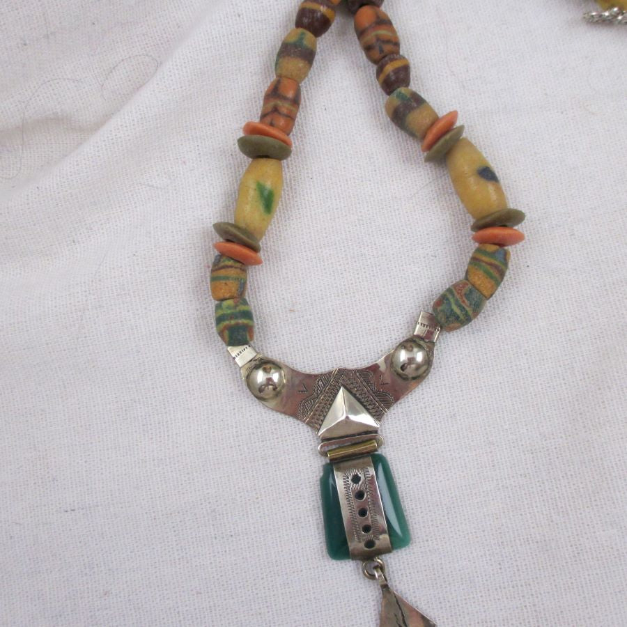 African Antique Silver & Jade Beaded Pendant Necklace - VP's Jewelry