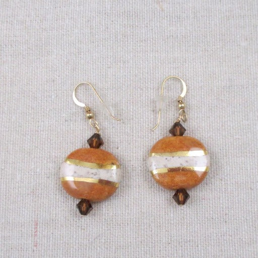 Drop Earrings in Handmade Honey Cream and Gold Kazuri Beads - VP's Jewelry  