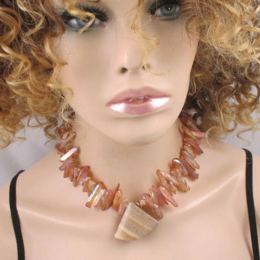 Daring Pink Opal Collar Necklace with Jasper Gemstone Pendant - VP's Jewelry