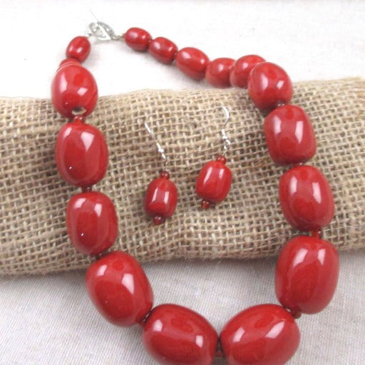Red Necklace & Earrings in Handmade Big Bold Fair Trade Kazuri Beads - VP's Jewelry  