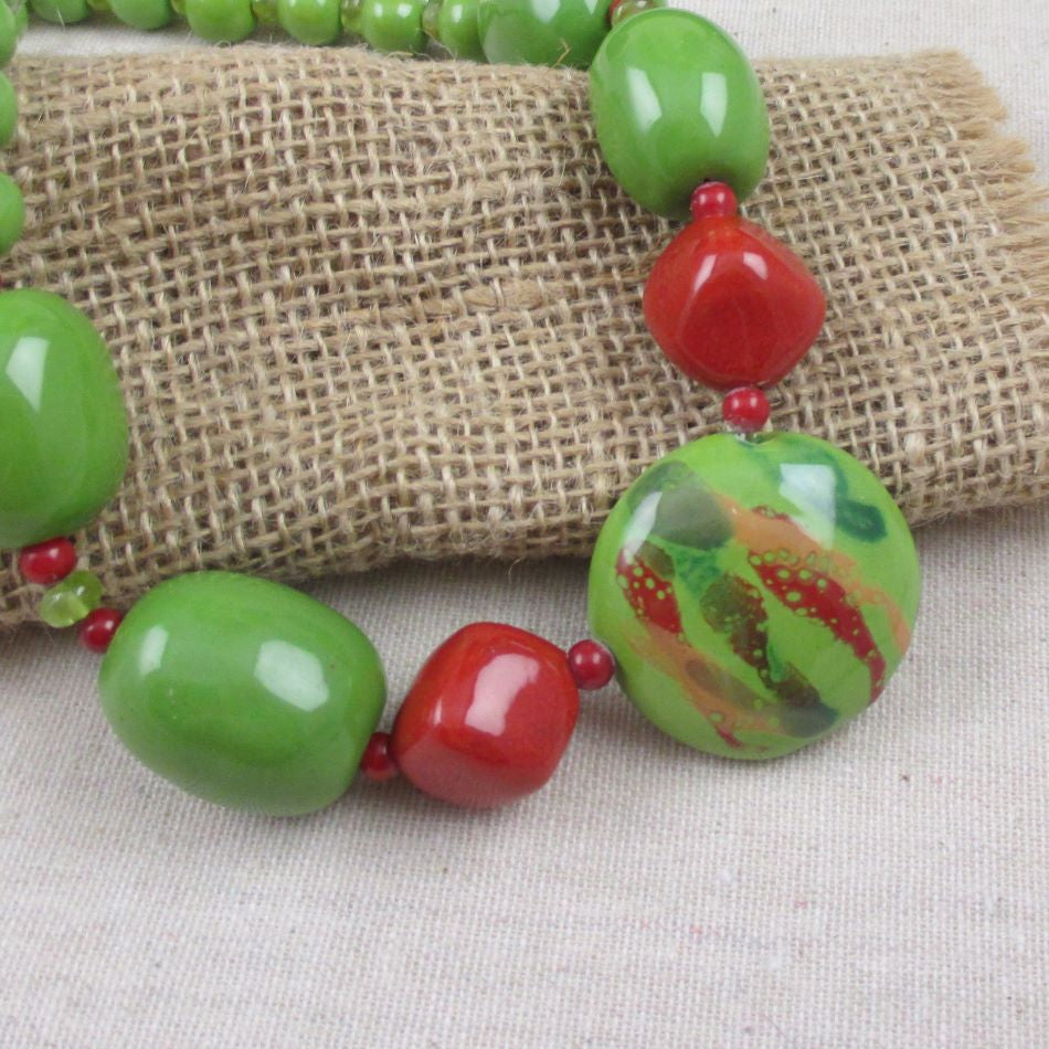 Apple Green Beaded Necklace Big Bold Kazuri Handmade Beads - VP's Jewelry