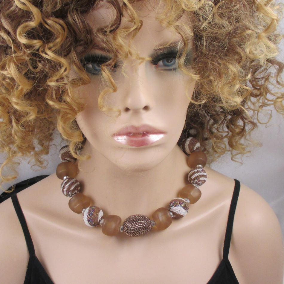 Chunky Beige and White Beaded Bead Designer Necklace - VP's Jewelry
