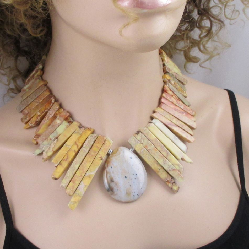 Bold Yellow Gemstone Stick Bead Necklace with Gemstone Pendant - VP's Jewelry
